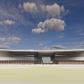 Modern White Building Exterior With Horizontal Lines And Sloped Roof Against Blue Sky Background