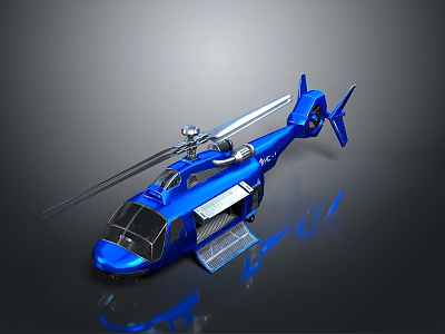 Shiny Blue Helicopter Model with Rotor and Metallic Fuselage on Dark Background 3d model