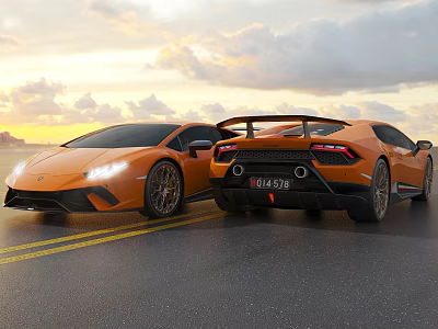 Two Orange Sports Cars Parked On Road With Sunset Sky And Clouds 3d model Two Orange Sports Cars Parked On Road With Sunset Sky And Clouds 3d model