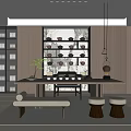 Elegant Modern Tea Room With Long Wooden Table Tea Sets Display Bookshelves Stools Green Plant