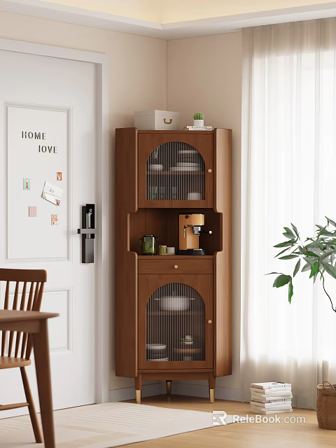 Wooden Sideboard With Glass Doors Open Shelf Coffee Machine And Green Plant In Dining Room 3d model 