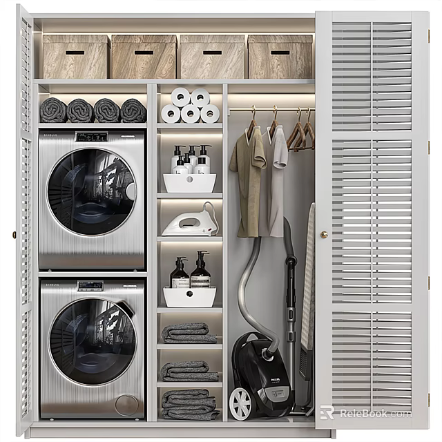 Practical Bathroom Storage Cabinet with Washing Machine Dryer Towels Toilet Paper Iron and Vacuum Cleaner 3d model 