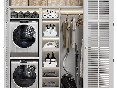 Practical Bathroom Storage Cabinet with Washing Machine Dryer Towels Toilet Paper Iron and Vacuum Cleaner 3d model
