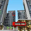 Modern Style High Rise Buildings With Glass Curtain Walls And Ground Floor Shops