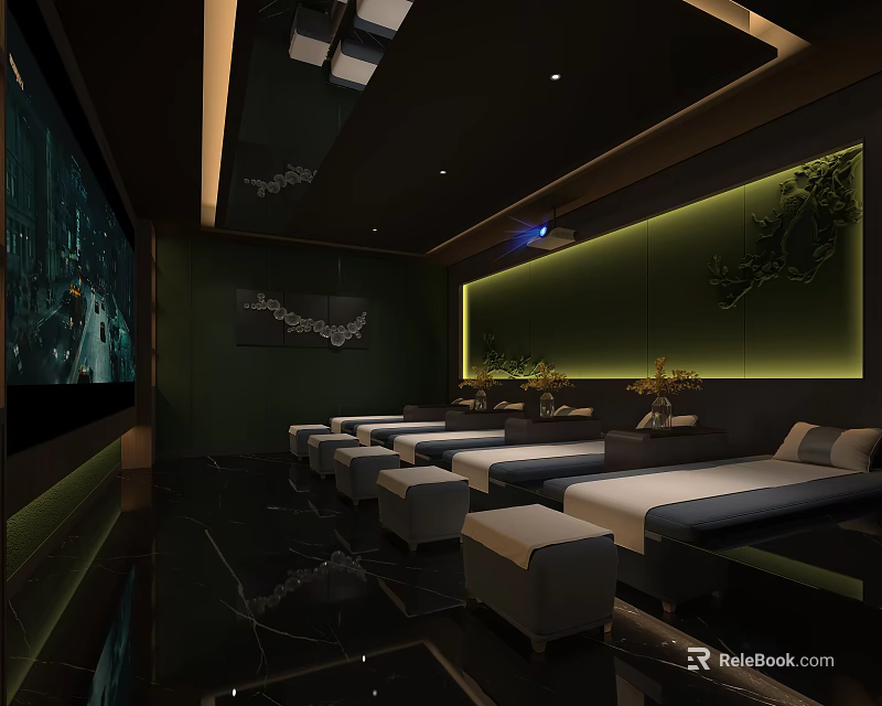 Elegant SPA Sauna Interior Design With Comfortable Loungers Green Walls And Ambient Lighting 3d model 