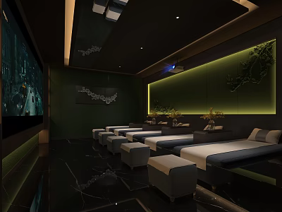 Elegant SPA Sauna Interior Design With Comfortable Loungers Green Walls And Ambient Lighting 3d model