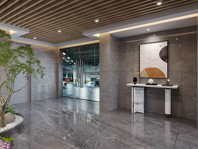 Elevator Lobby With Wooden Ceiling Marble Floor Gray Walls White Table And Wall Art 3d model