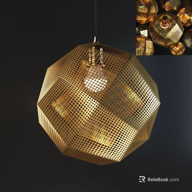 Golden Modern Perforated Grid Chandelier With Polyhedral Shape And Inner Bulb Light 3d model 
