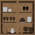 Stylish Tableware Set with White Bowls Cups Wine Glasses and Vases on Wooden Shelves