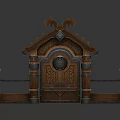 Wooden Carved Entrance Gate With Decorative Roof Railings And Metal Accents