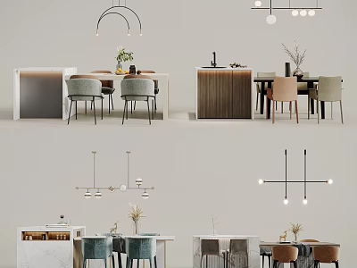 Modern Dining Table Set With Various Style Chairs Pendant Lights And Decorative Plants 3d model