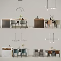Modern Dining Table Set With Various Style Chairs Pendant Lights And Decorative Plants