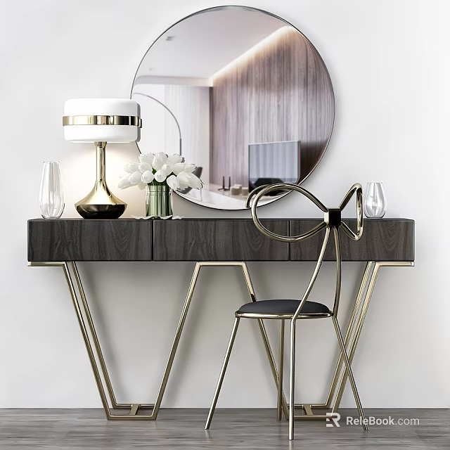 Modern Elegant Wooden Dressing Table With Gold Metal Legs Round Mirror And White Flowers 3d model 