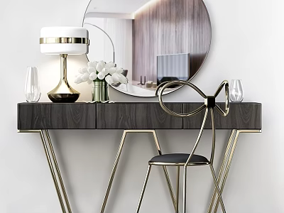Modern Elegant Wooden Dressing Table With Gold Metal Legs Round Mirror And White Flowers 3d model