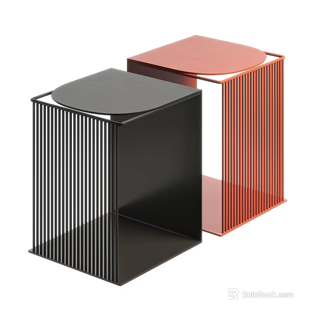 Stylish Black And Red Side Tables With Round Top And Vertical Slat Design 3d model 