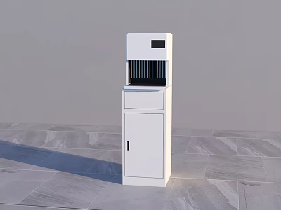 White Standing Water Dispenser With Digital Display And Cabinet Storage On Gray Tiled Floor 3d model