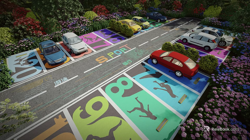 Eco Parking Lot With Colorful Sports Themed Ground Patterns Green Plants Flowers And Parked Cars 3d model 