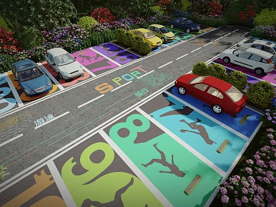 Eco Parking Lot With Colorful Sports Themed Ground Patterns Green Plants Flowers And Parked Cars 3d model