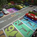 Eco Parking Lot With Colorful Sports Themed Ground Patterns Green Plants Flowers And Parked Cars