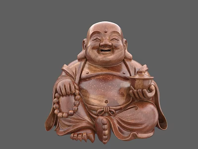 Exquisite Wooden Maitreya Buddha Sculpture Carving In Sitting Posture With Beads And Bowl 3d model