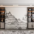 Modern TV Stand With Black White Chinese Architectural Mural And Glass Door Storage Cabinets