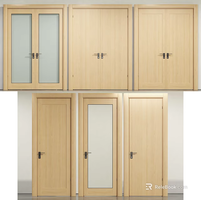 Modern Interior Double Doors Design With Wooden Frames Glass Inserts And Mirror Panels 3d model 