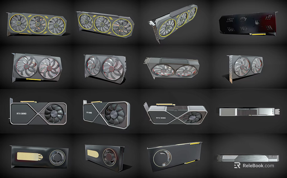 Various Graphics Cards Models With Multiple Cooling Fans And Different Modern Designs For PC 3d model