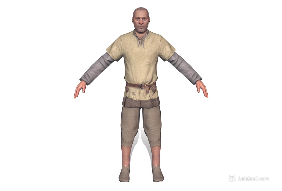 Bald Male Character With Beige Tunic Gray Sleeves And Brown Pants Standing Pose Arms Outstretched 3d model 