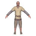 Bald Male Character With Beige Tunic Gray Sleeves And Brown Pants Standing Pose Arms Outstretched