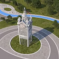 Modern Tower With Lattice Structure Ornate Spire In Open Plaza Green Trees Clear Blue Sky