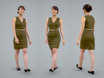 Woman in Green Sleeveless Dress With Belt and Black Shoes Front Side Back Views 3d model
