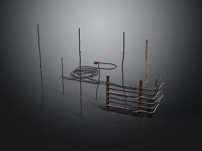 Industrial Metal Support Poles With Coiled Cables And Wooden Frame Structure 3d model