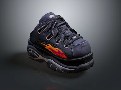 Black Sports Shoes With Orange Flame Pattern And Thick Rubber Sole Design 3d model