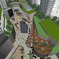 Modern Hotel Building With Green Roof And Plaza In Urban High Rise Complex