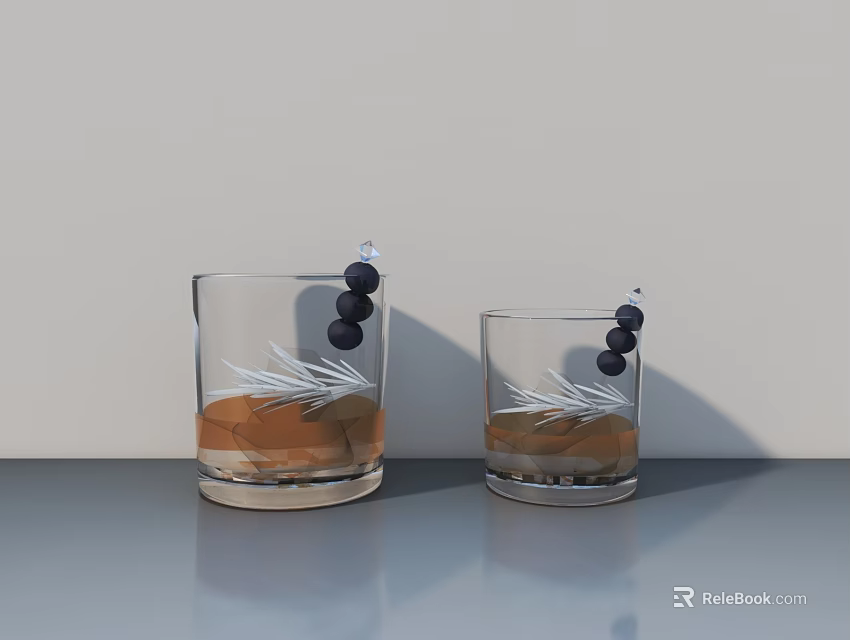 Elegant Whiskey Bottle and Glasses with Brown Liquid and Black Olives on Gray Tabletop 3d model 