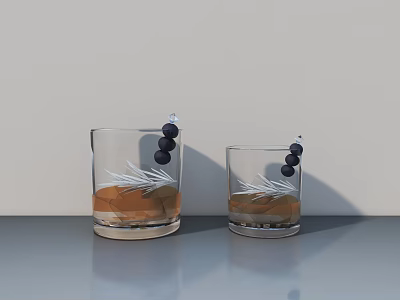 Elegant Whiskey Bottle and Glasses with Brown Liquid and Black Olives on Gray Tabletop 3d model