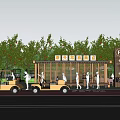 Wooden Bus Station With Green Trees Surroundings Shuttle Carts Parking Sign And Pedestrians
