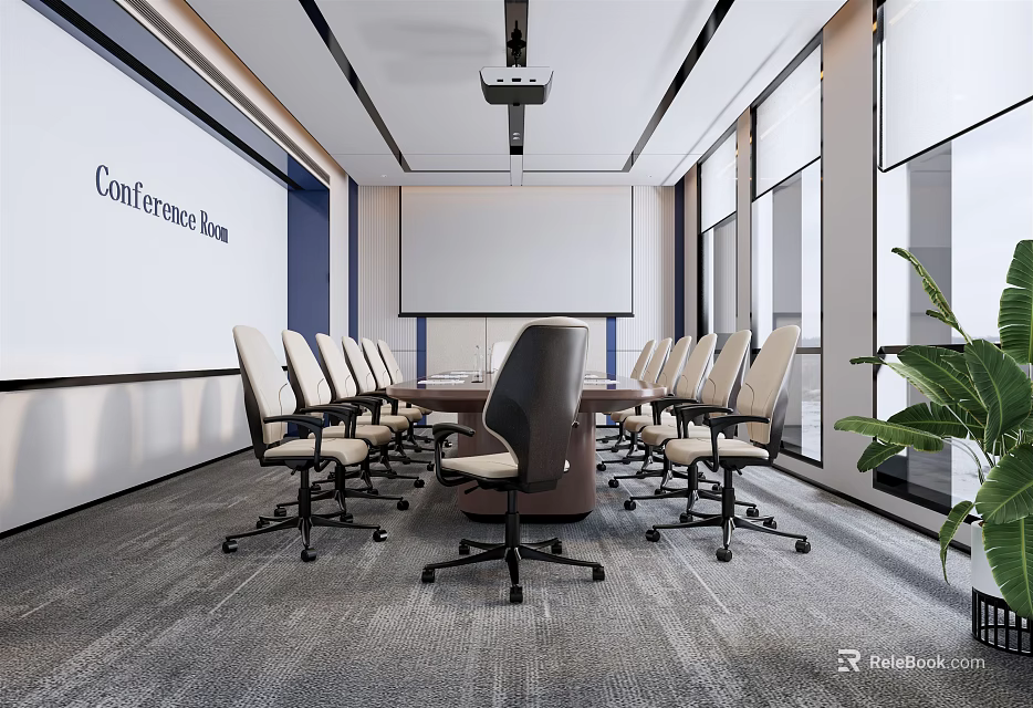 Modern Conference Room Interior Design With Conference Table Chairs Projection Screen Windows And Green Plant 3d model 
