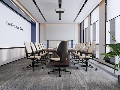 Modern Conference Room Interior Design With Conference Table Chairs Projection Screen Windows And Green Plant 3d model