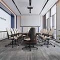 Modern Conference Room Interior Design With Conference Table Chairs Projection Screen Windows And Green Plant