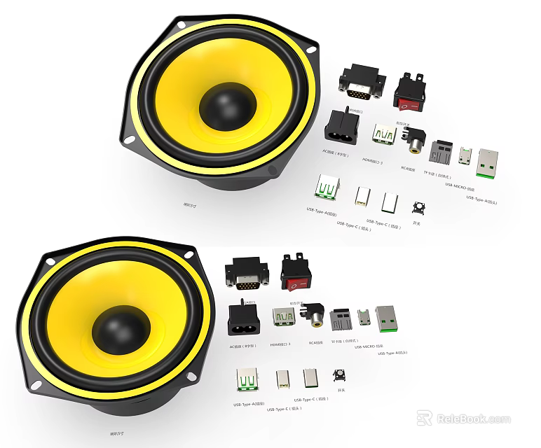 Yellow Mobile Digital Speakers And Various Electronic Connector Components Set 3d model