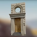 Classical Style Entrance Door With Stone Frame Round Window And Wooden Design
