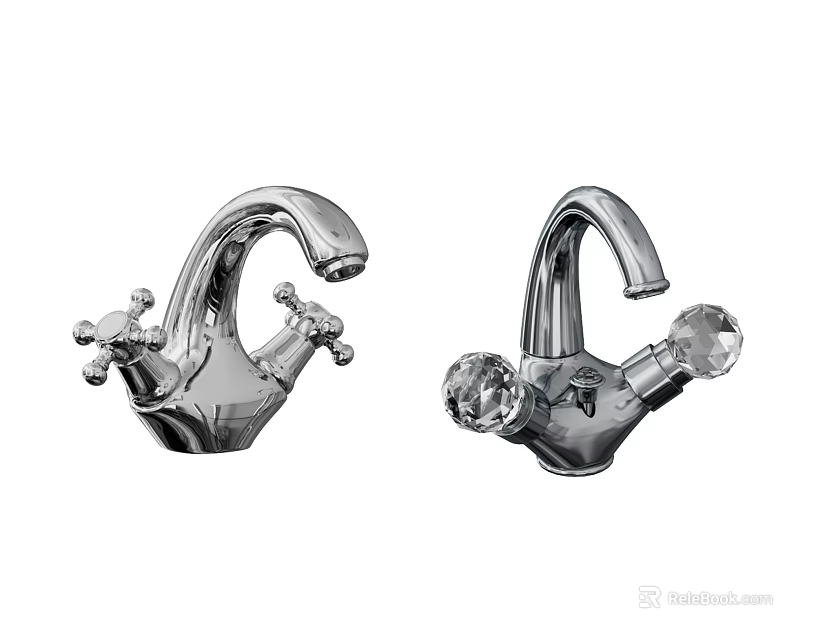 Polished Chrome Bathroom Faucets With Cross Handles And Crystal Knobs 3d model 