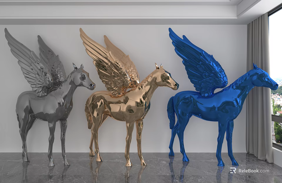 Three Shiny Silver Gold Blue Winged Horse Sculptures In Modern Interior 3d model 