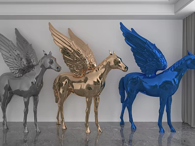 Three Shiny Silver Gold Blue Winged Horse Sculptures In Modern Interior 3d model