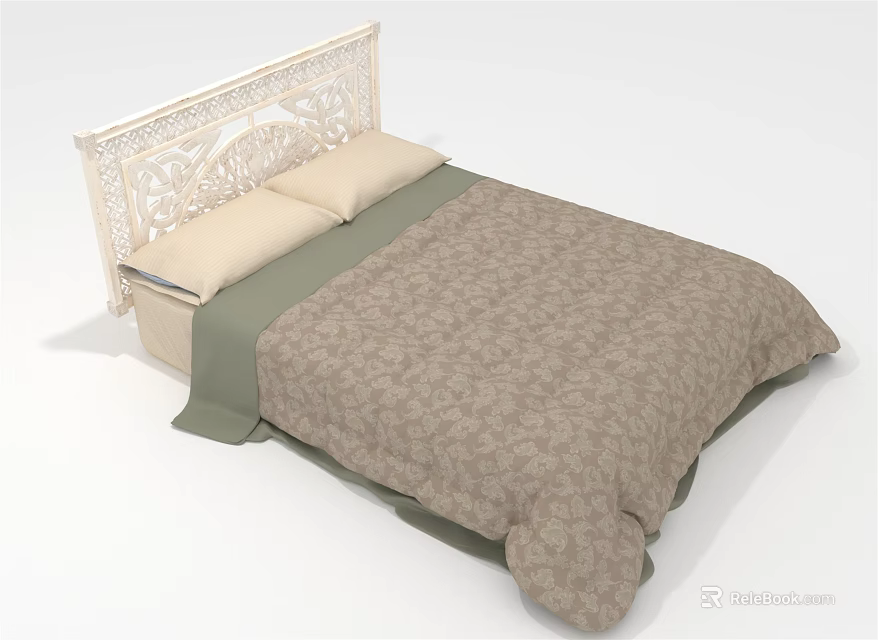 Double Bed With White Carved Headboard Beige Pillows Brown Patterned Quilt And Green Blanket Interior 3d model 
