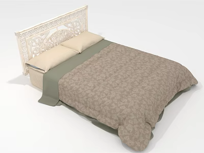 Double Bed With White Carved Headboard Beige Pillows Brown Patterned Quilt And Green Blanket Interior 3d model