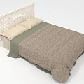 Double Bed With White Carved Headboard Beige Pillows Brown Patterned Quilt And Green Blanket Interior