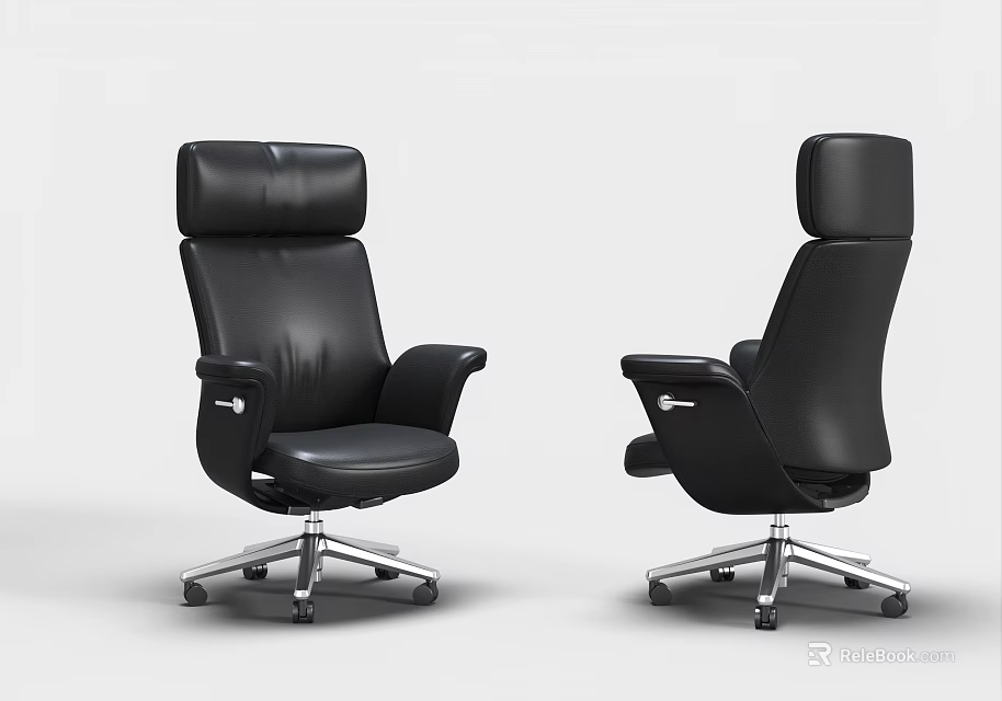 Black Leather Modern Office Chair With High Back Adjustable Arms And Five Star Wheels 3d model 
