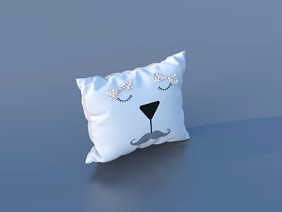 Cute Blue Pillow with Cartoon Face Closed Eyes Bow and Small Mustache for Home Decor 3d model